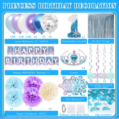 Skiennix Birthday Decorations - Winter Snow 1st Birthday Party Supplies with Balloons, Crown & Banner