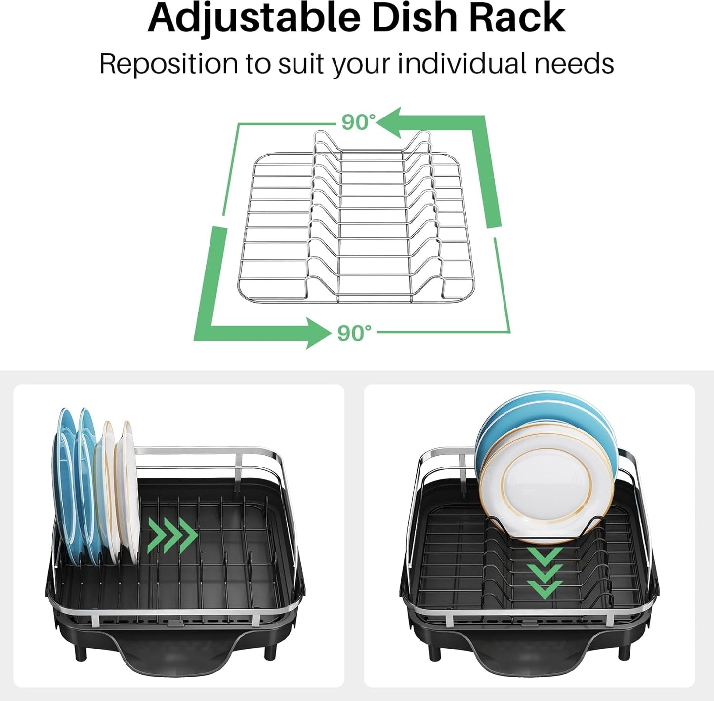 SNTD Dish Drying Rack - Expandable Stainless Steel Dish Drainer with Drainboard & Utensil Holder | Black