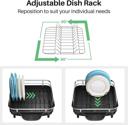 SNTD Dish Drying Rack - Expandable Stainless Steel Dish Drainer with Drainboard & Utensil Holder | Black