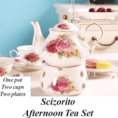 Noble Rose Ceramic Tea Set Gift by Scizorito – 29oz Teapot, 4 cups & Heater