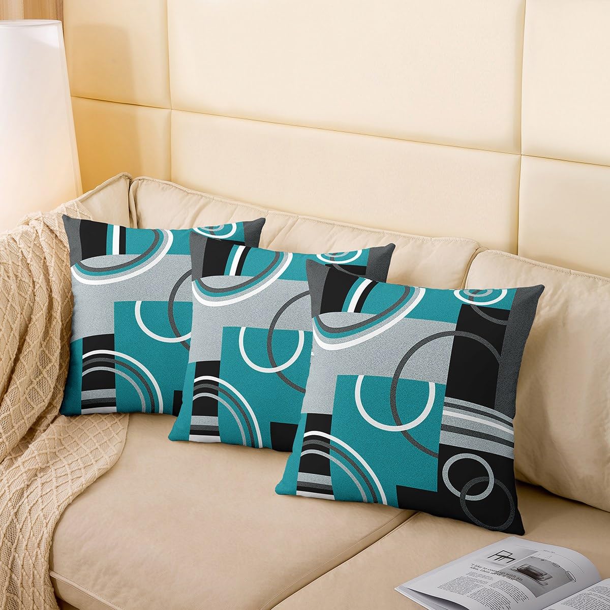 Modern Turquoise Decor Pillow Covers 18x18 Set of 4 Geometric Circles Gird Throw Pillow Covers For Bed Couch Sofa Black Grey Cushion Covers Stripe Swirls Modern Graphic Decorative Square Pillow Cases