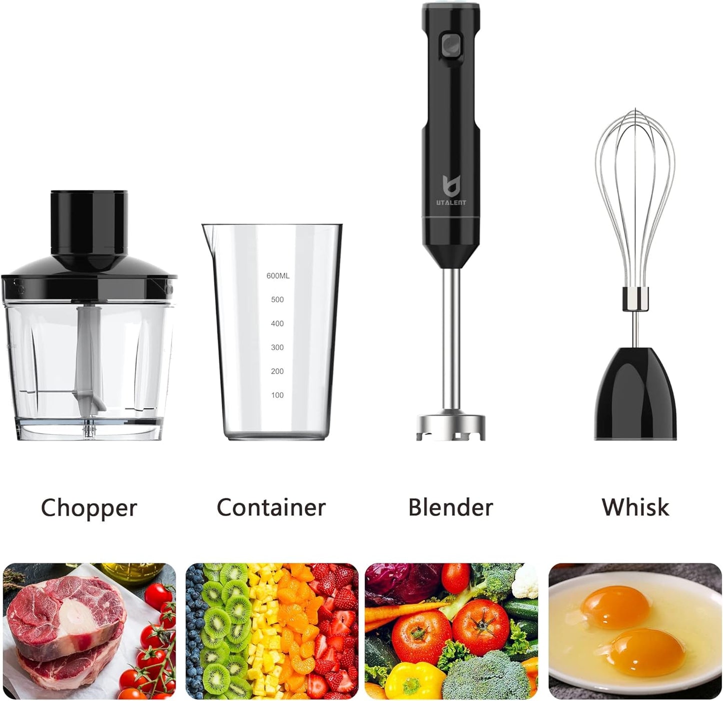 UTALENT Cordless Hand Blender - Variable Speed Immersion Blender with Chopper & Whisk | Black, 500ml & 600ml