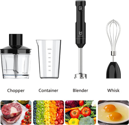 UTALENT Cordless Hand Blender - Variable Speed Immersion Blender with 500ml Chopper & Whisk | Black