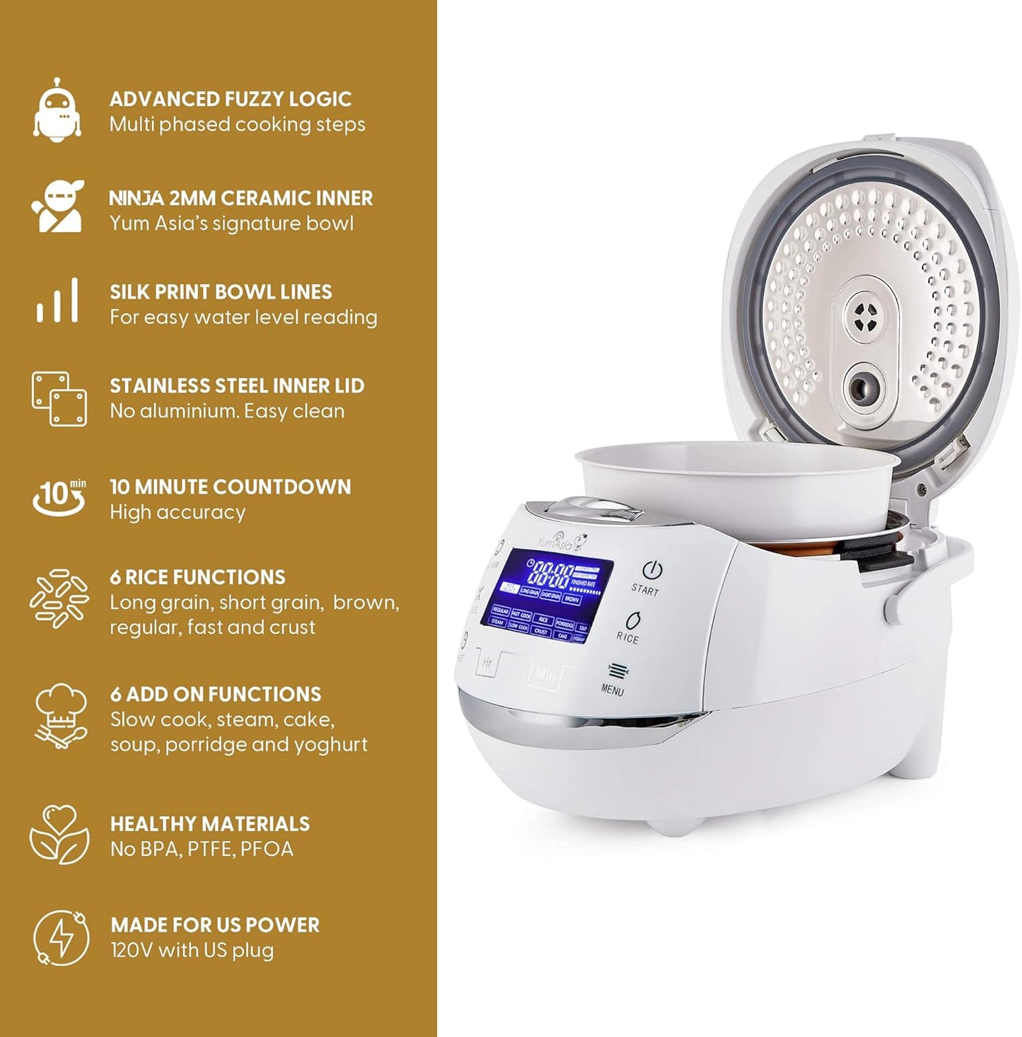 Yum Asia Sakura Rice Cooker - Advanced Fuzzy Logic with Ceramic Bowl | 8 Cup Capacity, White & Silver
