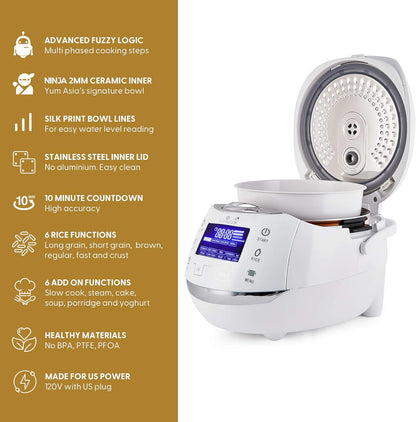 Yum Asia Sakura Rice Cooker - Advanced Fuzzy Logic with Ceramic Bowl | 8 Cup Capacity, White & Silver