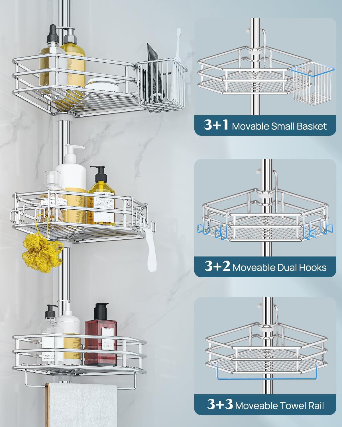 SEIRIONE Corner Shower Caddy - Rust-Free Tension Pole Organizer | 4-Tier Adjustable Shelf, Fits 34-116 Inch Height, Silver