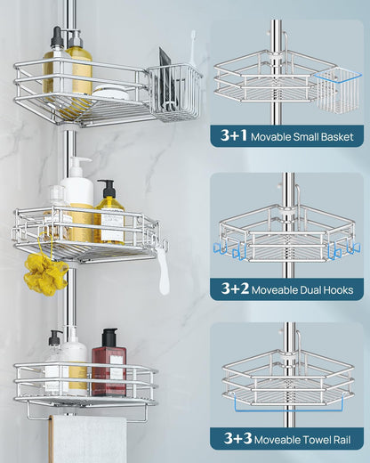 SEIRIONE Corner Shower Caddy - Rust-Free Tension Pole Organizer | 4-Tier Adjustable Shelf, Fits 34-116 Inch Height, Silver