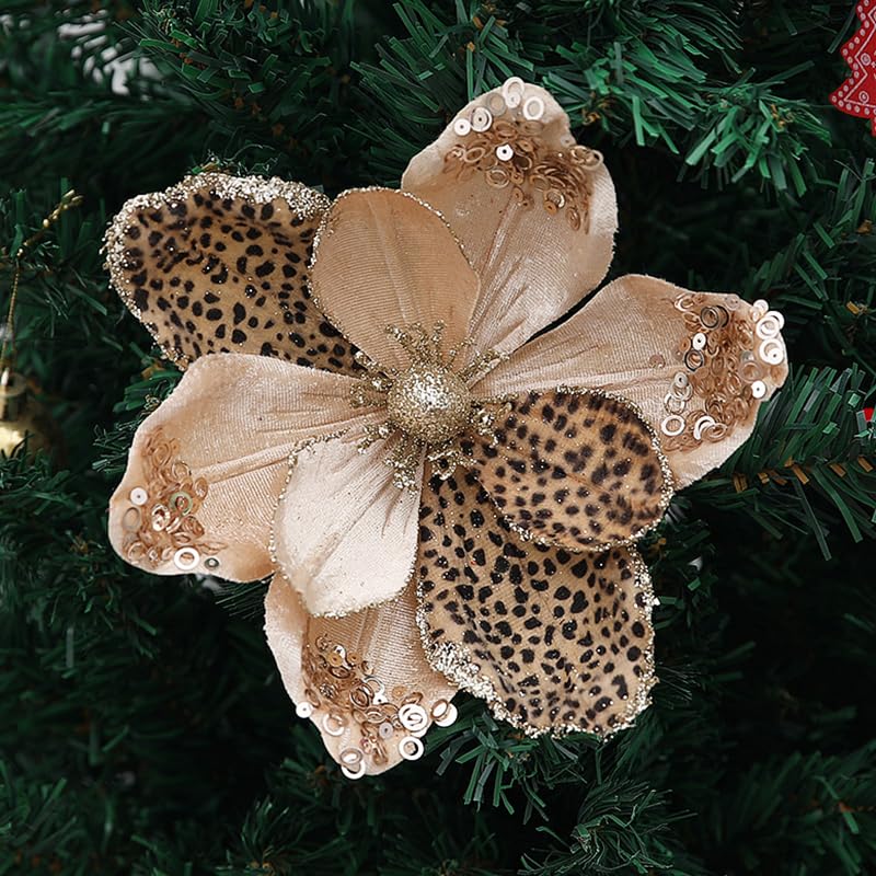 8 Pieces Glitter Leopard Print Christmas Magnolia Flowers - Champagne