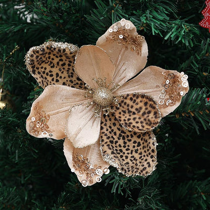 8 Pieces Glitter Leopard Print Christmas Magnolia Flowers - Champagne