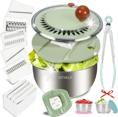 KITHELP Stainless Steel Salad Spinner - Large 5.3Qt Bowl with Strainer & 5 Blades for Easy Salad Prep