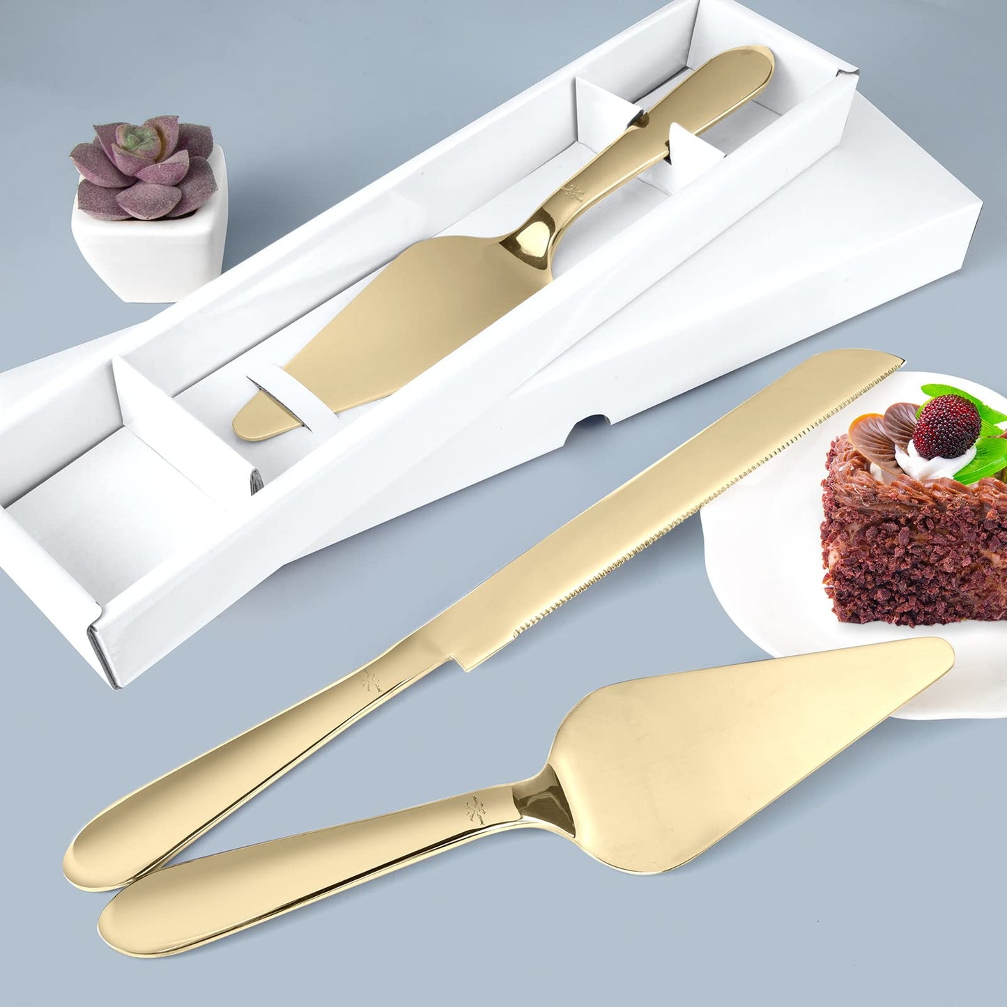 Eisinly Cake Cutting Set for Wedding, Elegant Knife and Server with Thickened Stainless Steel Rounded Edges, Cutter Pie Spatula Birthday Anniversary Christmas Gift of 2, Gold