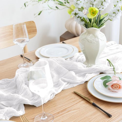 Asee'm Cheesecloth Table Runner - 120 Inches Long Ivory Boho Gauze for Weddings & Events