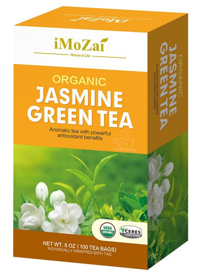 Imozai Organic Jasmine Green Tea Bags 100 Count Individually Wrapped | Lower Caffeine | Floral Aroma & Taste