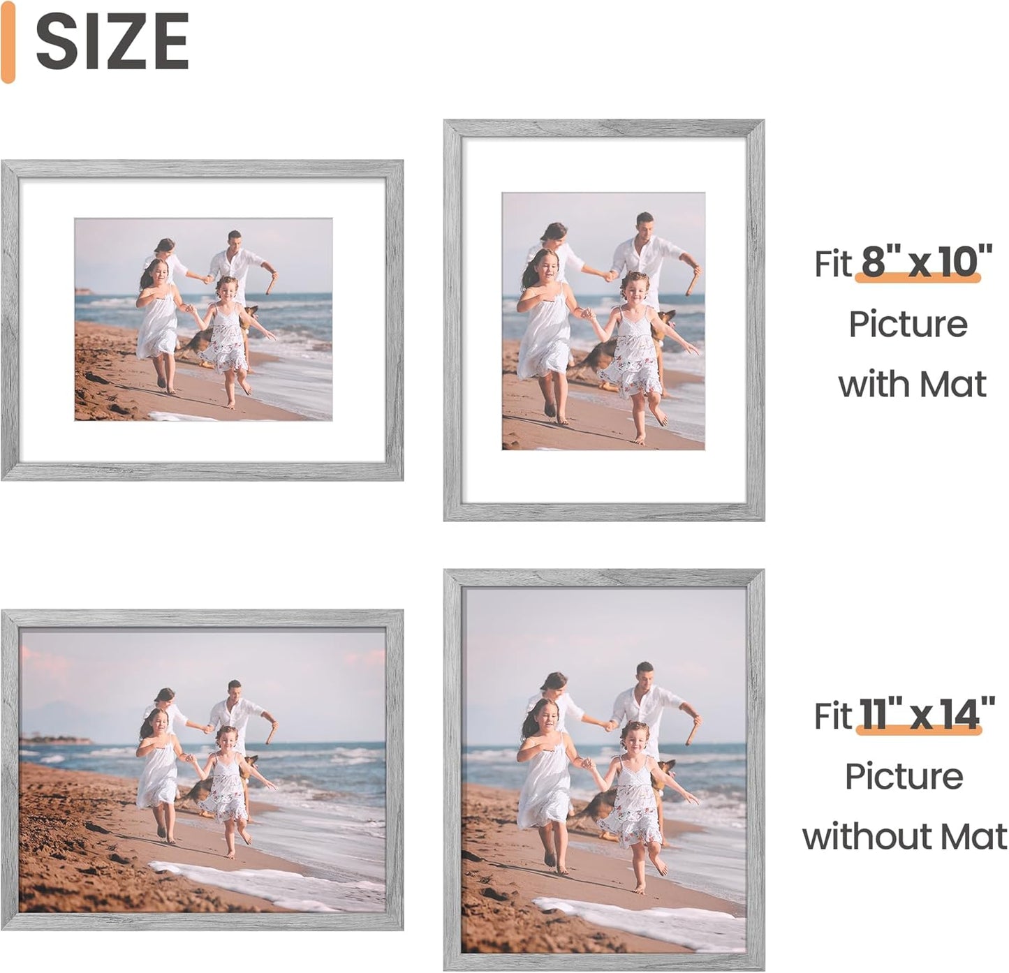 Upsimples 11x14 Picture Frame Set of 5 - Display 8x10 or 11x14 Photos | Gray Wall Gallery Frames