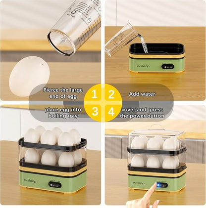 Evoloop Rapid Egg Cooker - Electric 12 Egg Capacity | Soft, Medium, Hard Boiled & Poached Eggs, BPA-Free Green Tray