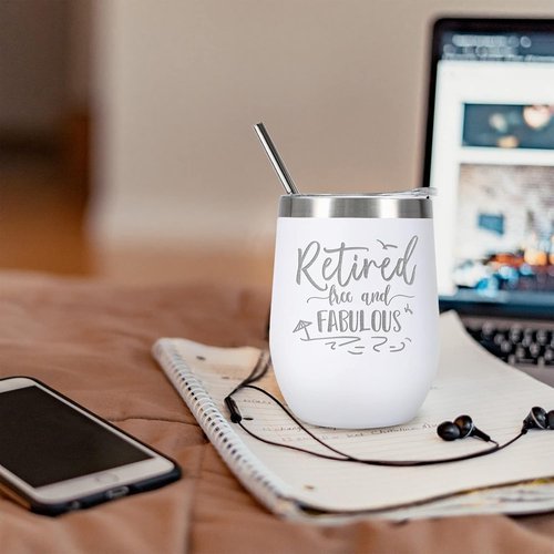 ELEGANTPARK Retirement Gifts for Women 2026, Retired Free and Fabulous 12oz Insulated Wine Tumbler with Lid & Straw, Funny Farewell Milestone Gift for Teacher Nurse Mom Boss Coworker, White