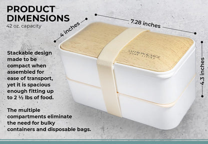 Saffron & Sage Bento Lunch Box - 42oz White Japanese Style Box with Cutlery & Bag | Leak-Proof & Microwave Safe