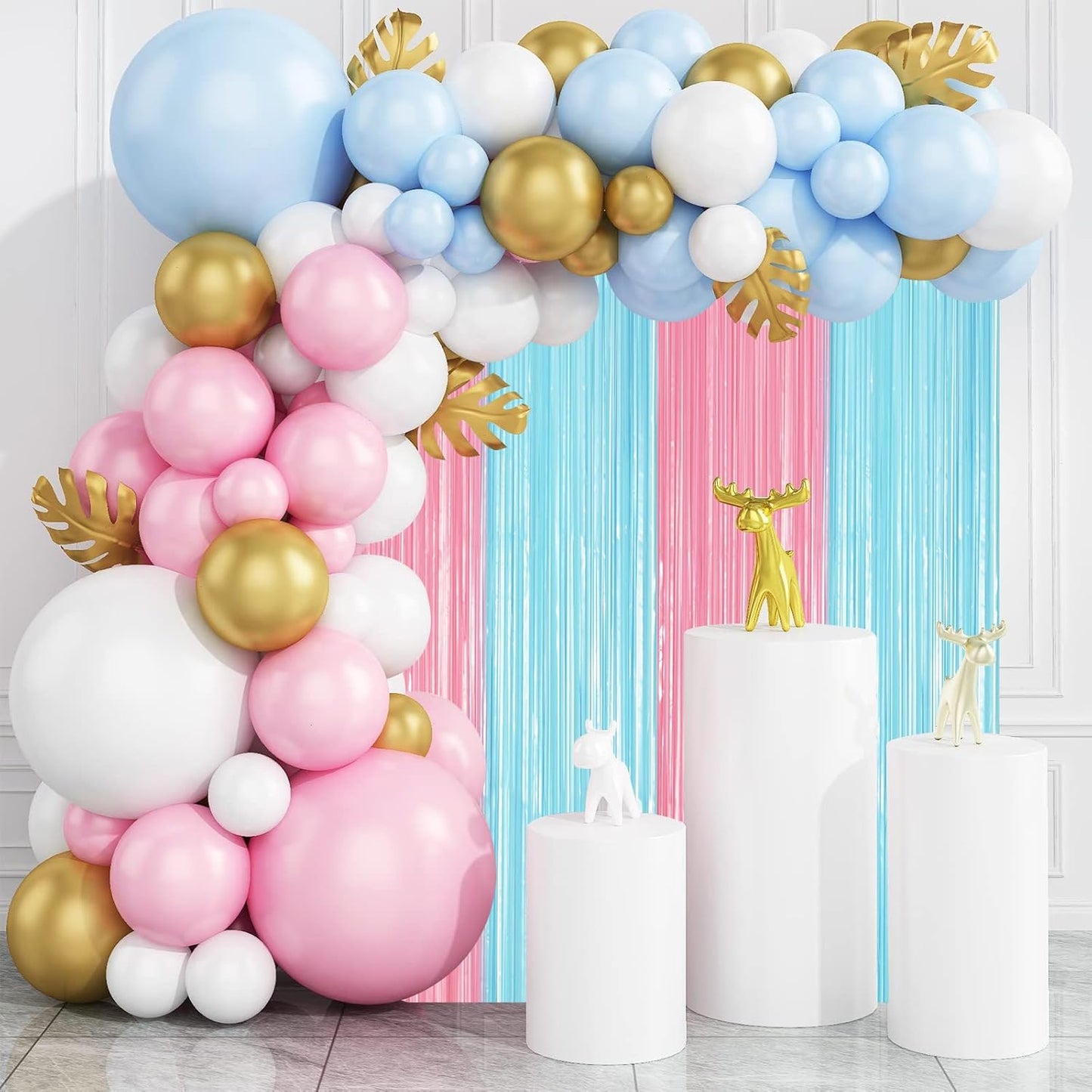 Voircoloria Foil Fringe Backdrop Curtains - 3 Pack of Pastel Blue & Pink Tinsel Streamers | Perfect for Gender Reveal, Baby Showers, and Birthday Parties