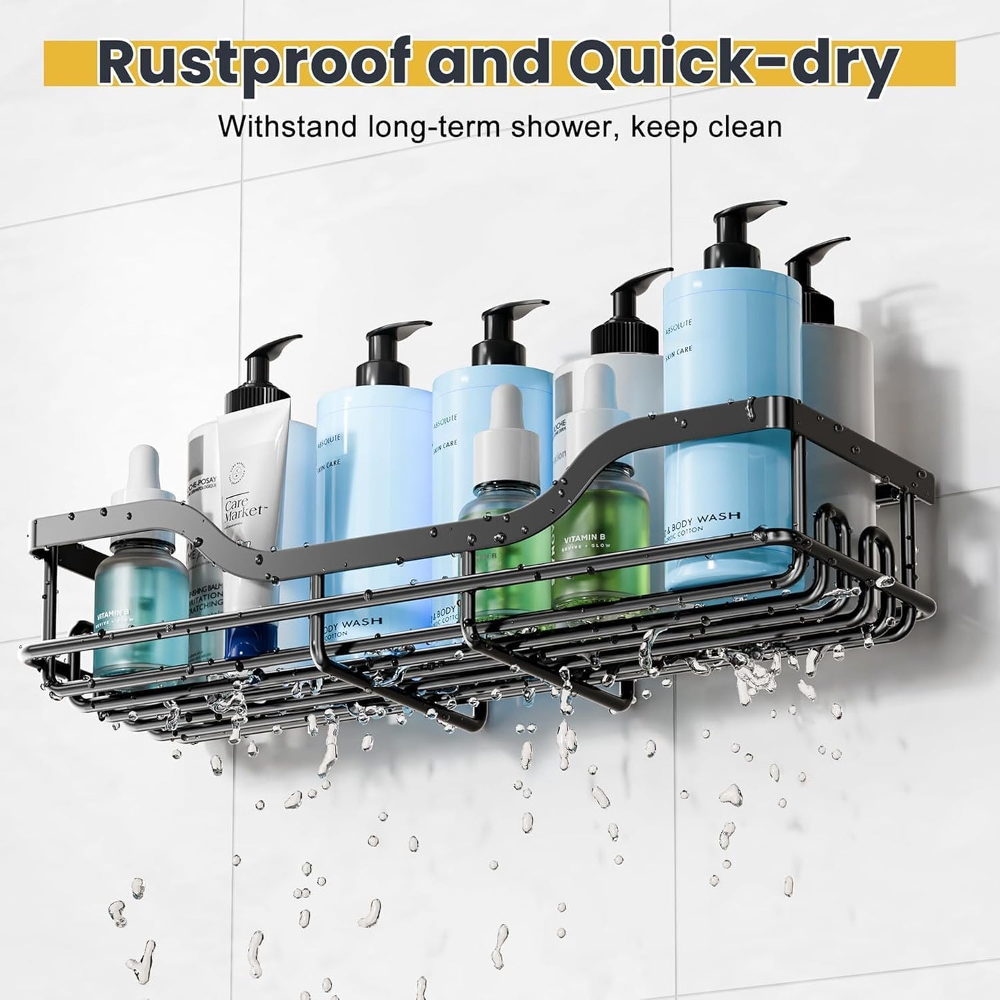 Omaira Shower Caddy - 3-Pack Rustproof Organizer with Soap Holder for Smooth Walls | Black