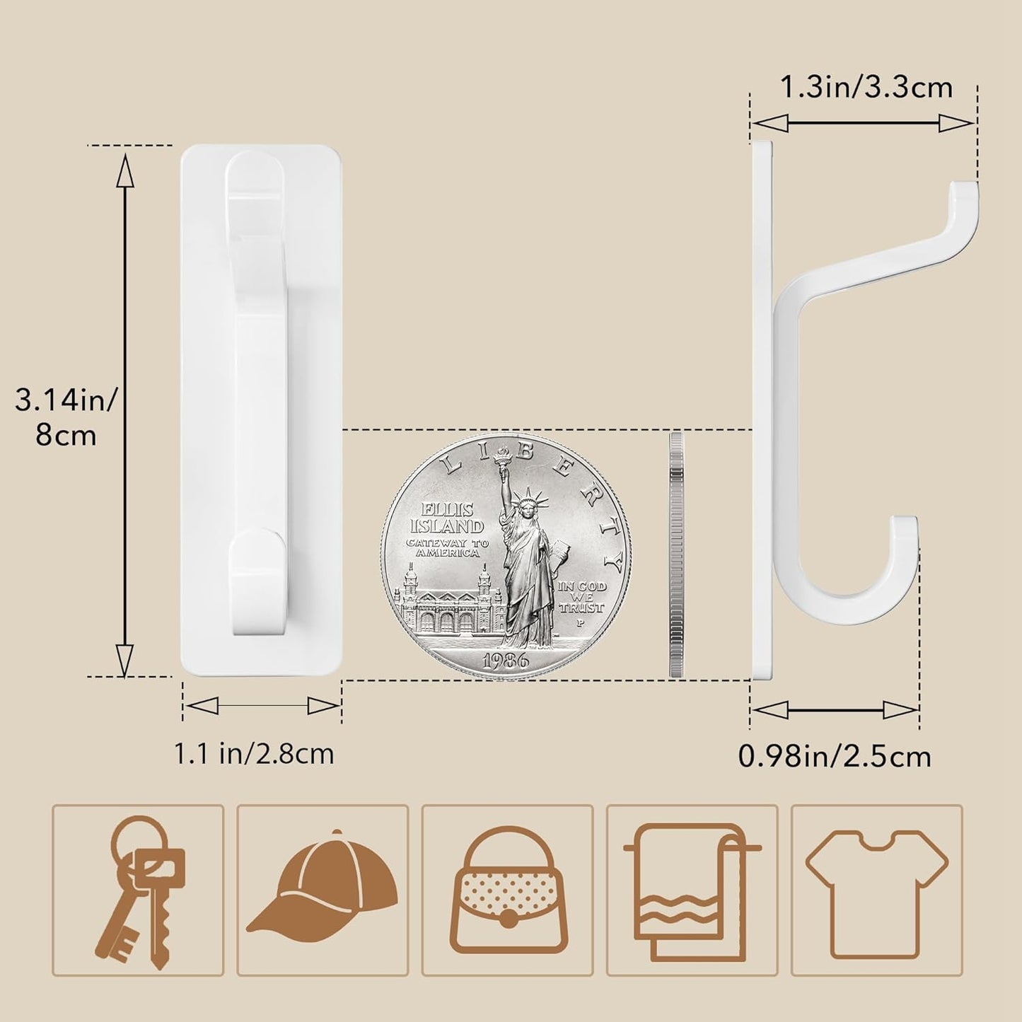 Pickpiff Wall Hooks - 13LB Strong Adhesive Coat & Towel Hangers | White 4-Pack