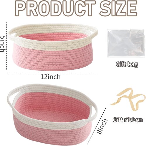 JMvicyroam Woven Basket - Small Rope Storage Bin with Handles | Versatile Organizer for Shelves & Closets - White & Pink (2 Pack)