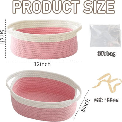 JMvicyroam Woven Basket - Small Rope Storage Bin with Handles | Versatile Organizer for Shelves & Closets - White & Pink (2 Pack)