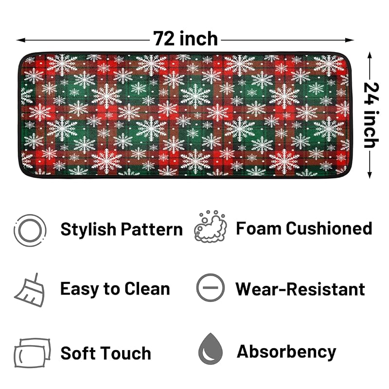 Christmas Snowflake Plaid Runner Rug 2' x 6' - Non-Slip Washable Hallway Mat, Holiday Decor (A01)