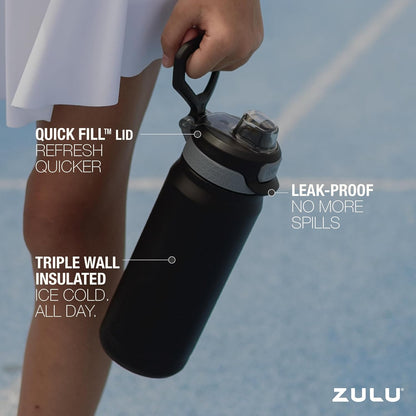ZULU Powerfill Pro 18oz Kids Stainless Steel Water Bottle - Quick Fill Lid, Triple Wall Insulated, Leak Proof | Tonal Black