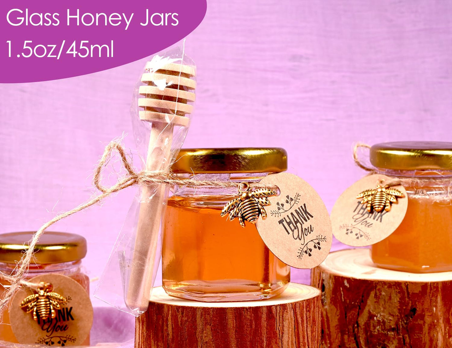 DnayDkiy 60 Pack 1.5oz Glass Honey Jars with Dipper - Gold Lids, Bee Pendants, Jutes, Thank You Cards, Gift Bags and Stickers- Perfect for Baby Shower Favors and Wedding Favors