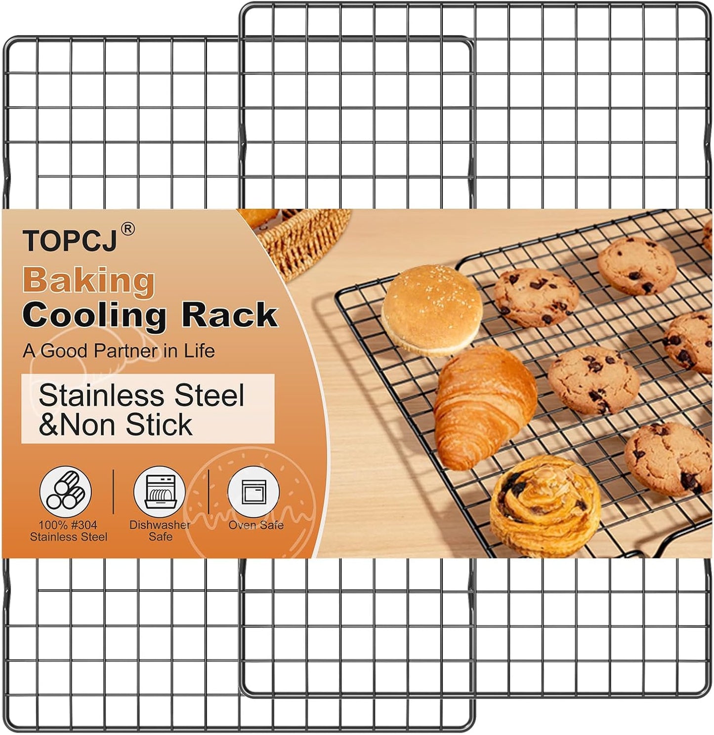 TOPCJ Cooling Rack Set - 2PCS Heavy Duty Stainless Steel Baking Racks | 10”x15” Non-Stick Design for Grilling & Roasting