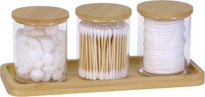 INIUNIK Qtip Holder Set - 3 Pack Glass Apothecary Jars with Lids for Bathroom Organization | Cotton Balls, Swabs & More