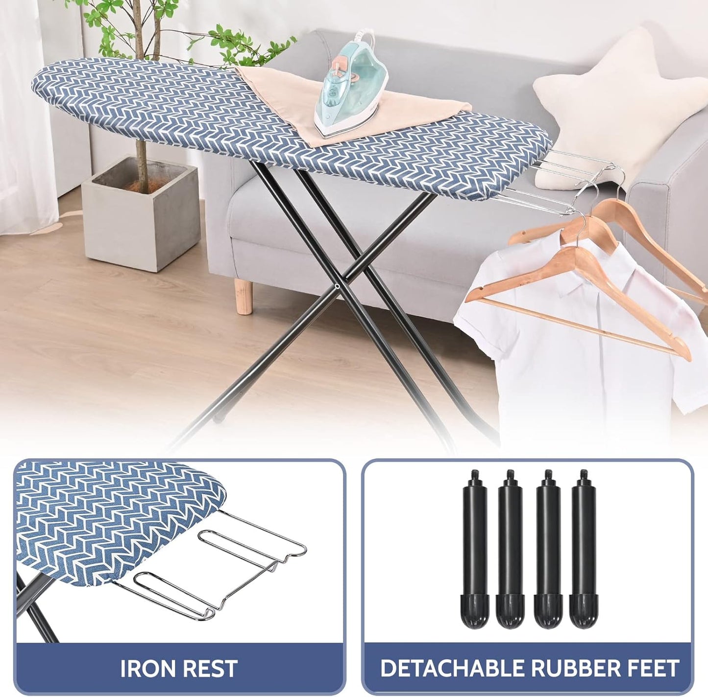 APEXCHASER Full-Size Ironing Board - Adjustable Height, Lightweight & Foldable with Thick Padding | Blue 43x13