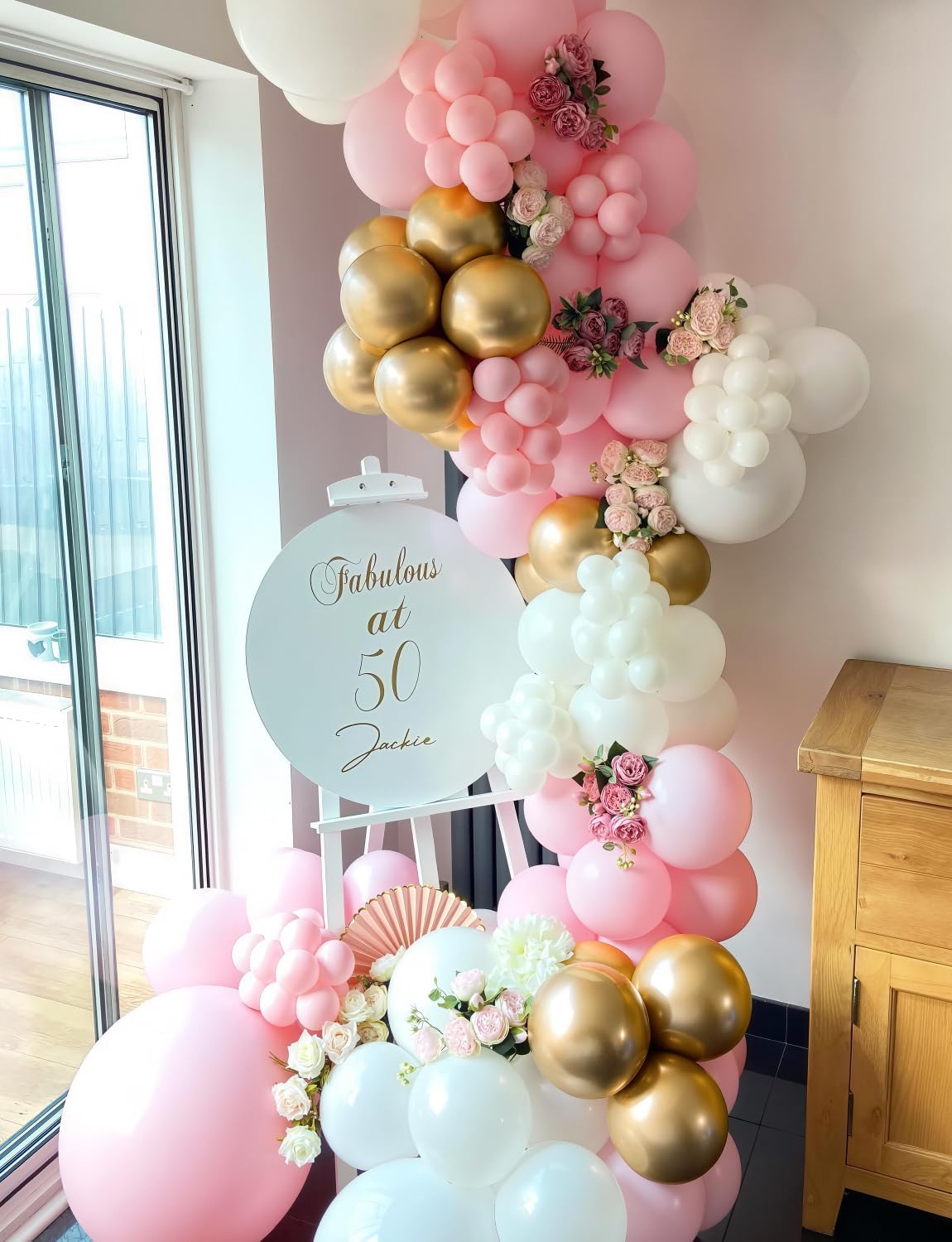 Skiennix Pink and Gold Balloon Set - 12-Inch Light Pink & White Latex Balloons with Shiny Metallic Gold Glitter for Baby Shower & Birthday Party Decorations