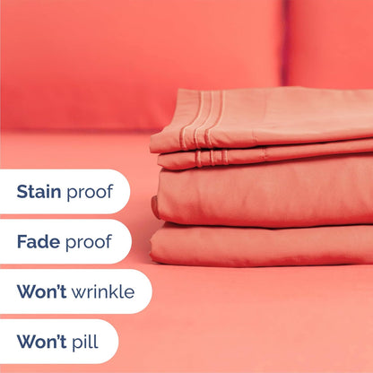 Queen Size 4 Piece Sheet Set - Ultra-Soft Cooling Bed Sheets | Hotel Luxury Bedding in Coral
