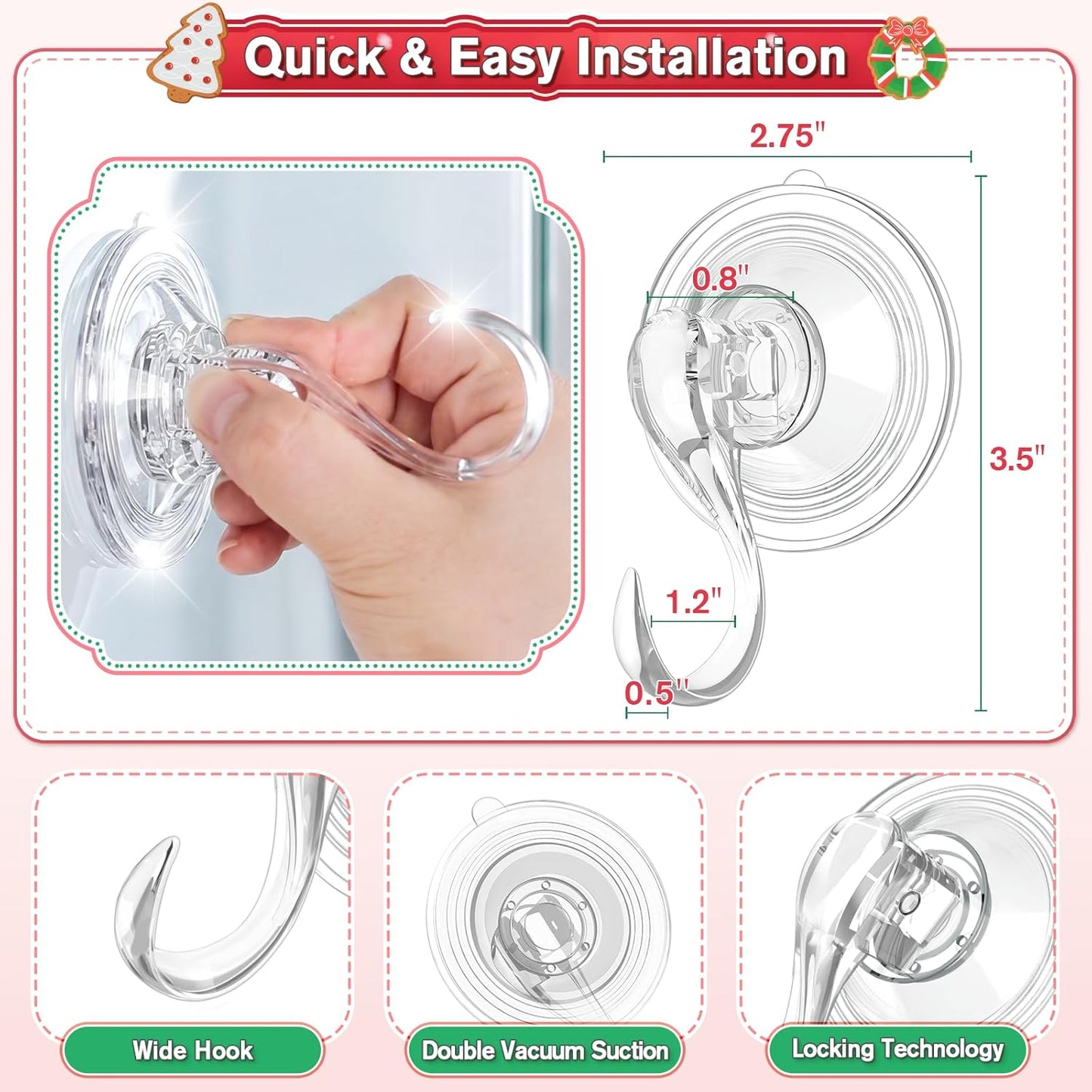 VIS'V Wreath Hanger - Heavy Duty Suction Cup Hooks | 22 LB Capacity, Clear, 2 Pack, Removable & Reusable