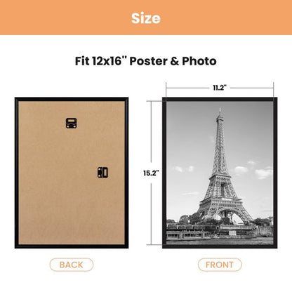 upsimples 12x16 Picture Frame Black 3 Pack, Scratch-Proof Poster Frames 12 x 16 for Photo Gallery - Slide-In Strips, Horizontal or Vertical Wall Mounting