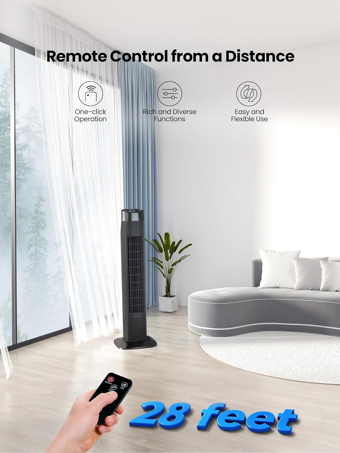 Uthfy Bladeless Tower Fan - 31” Oscillating Electric Fan with Remote, 3 Speeds, Quiet Operation, Black