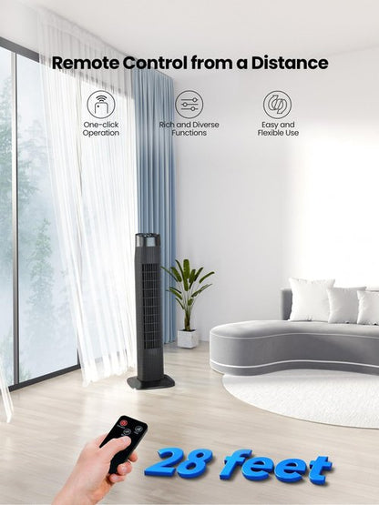 Uthfy 31”Tower Fan for Bedroom, 120° Oscillating Electric Bladeless Fan with Remote, 3 Speeds, 3 Modes, 7.5H Timer, 26ft/s Velocity Quiet Standing Fan for Home, Office, Living Room, Black