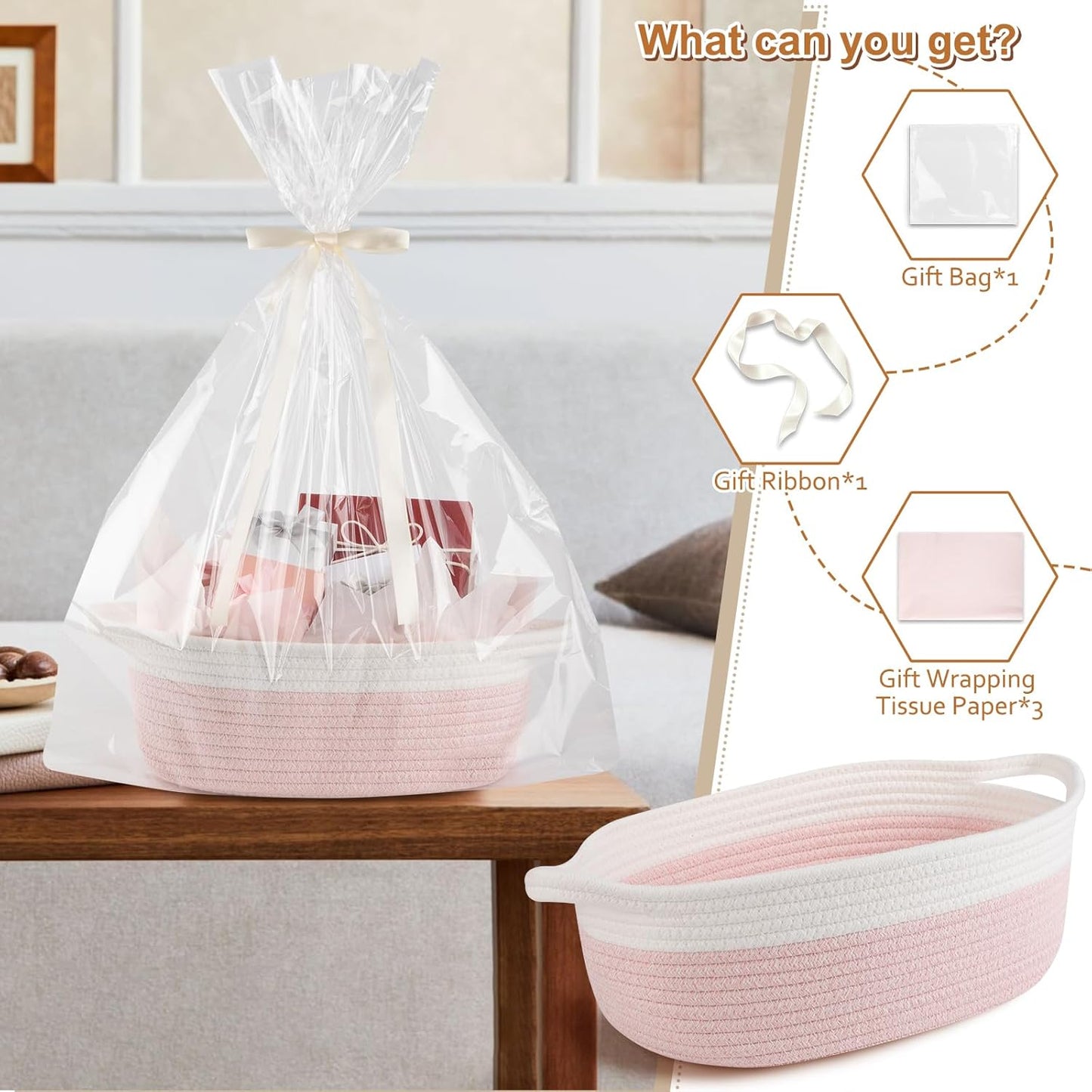 OIAHOMY Small Woven Gift Basket - 12"x8"x5" with Handle, Ribbon & Tissue Paper for Dog Toy Storage - Pink & White