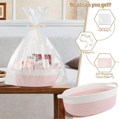 OIAHOMY Small Woven Gift Basket - 12"x8"x5" with Handle, Ribbon & Tissue Paper for Dog Toy Storage - Pink & White