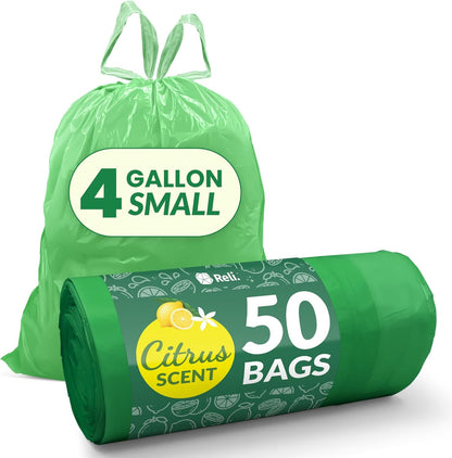 Reli. Drawstring Trash Bags - Citrus Scented 4 Gallon Liners | 50 Count | Ideal for Bathroom Use