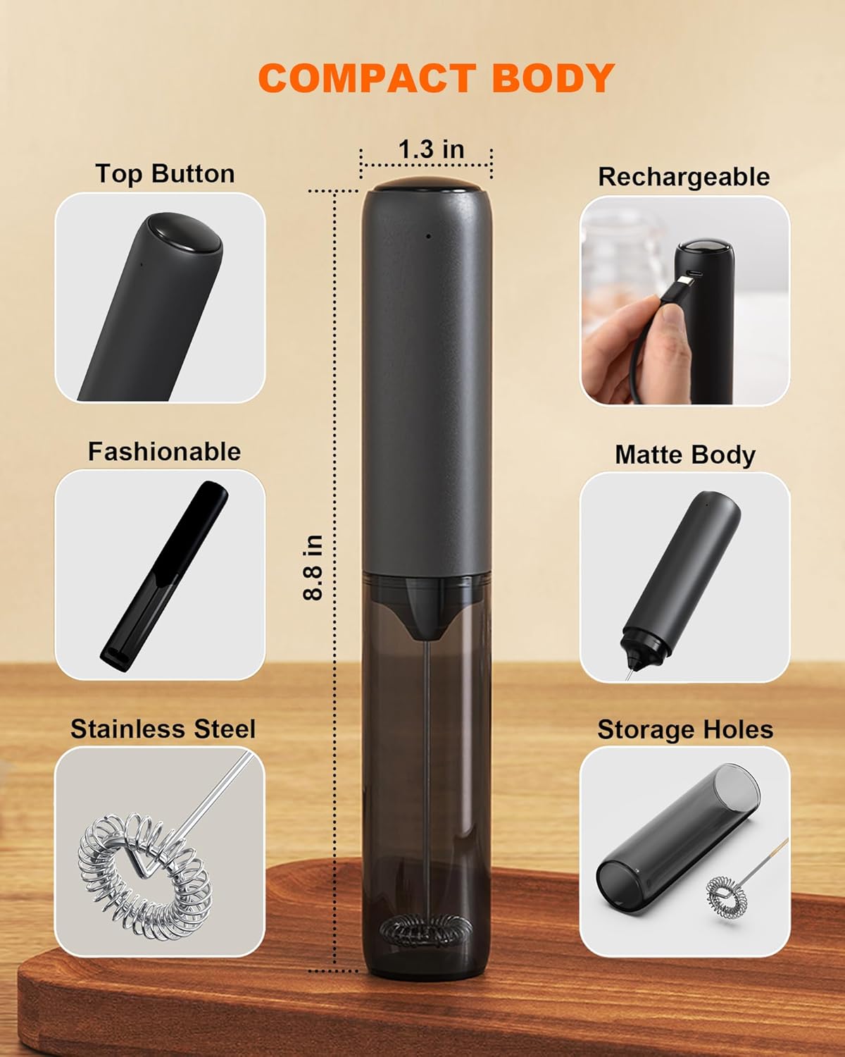 Skiennix Rechargeable Milk Frother - Handheld Electric Mixer for Coffee, Matcha & Lattes - Black