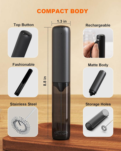 Skiennix Rechargeable Milk Frother - Handheld Electric Mixer for Coffee, Matcha & Lattes - Black