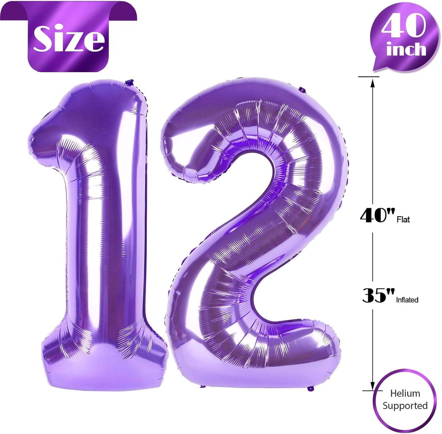 Purple Number 12 Balloon - 40 Inch Giant Foil Balloon for 12th Birthday Party Decorations