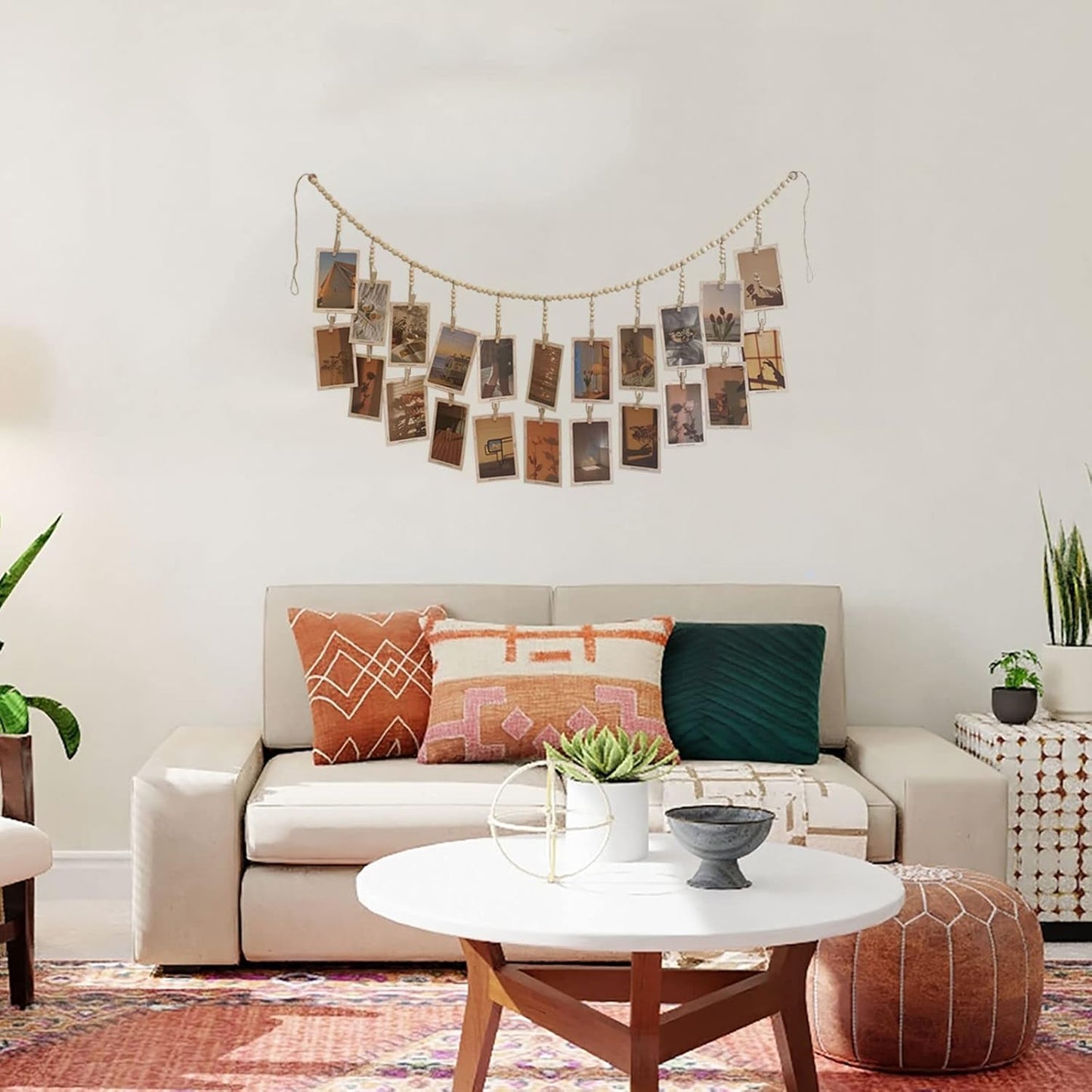 Wooden Bead Garland Photo Display | 22 Clip Boho Style Collage Frame for Dorms & Bedrooms