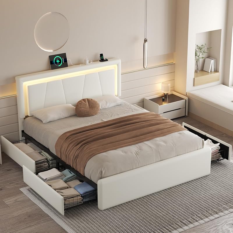 Full Size Bed Frame with 4 Storage Drawers, Upholstered Headboard, White - Variation: White+Full