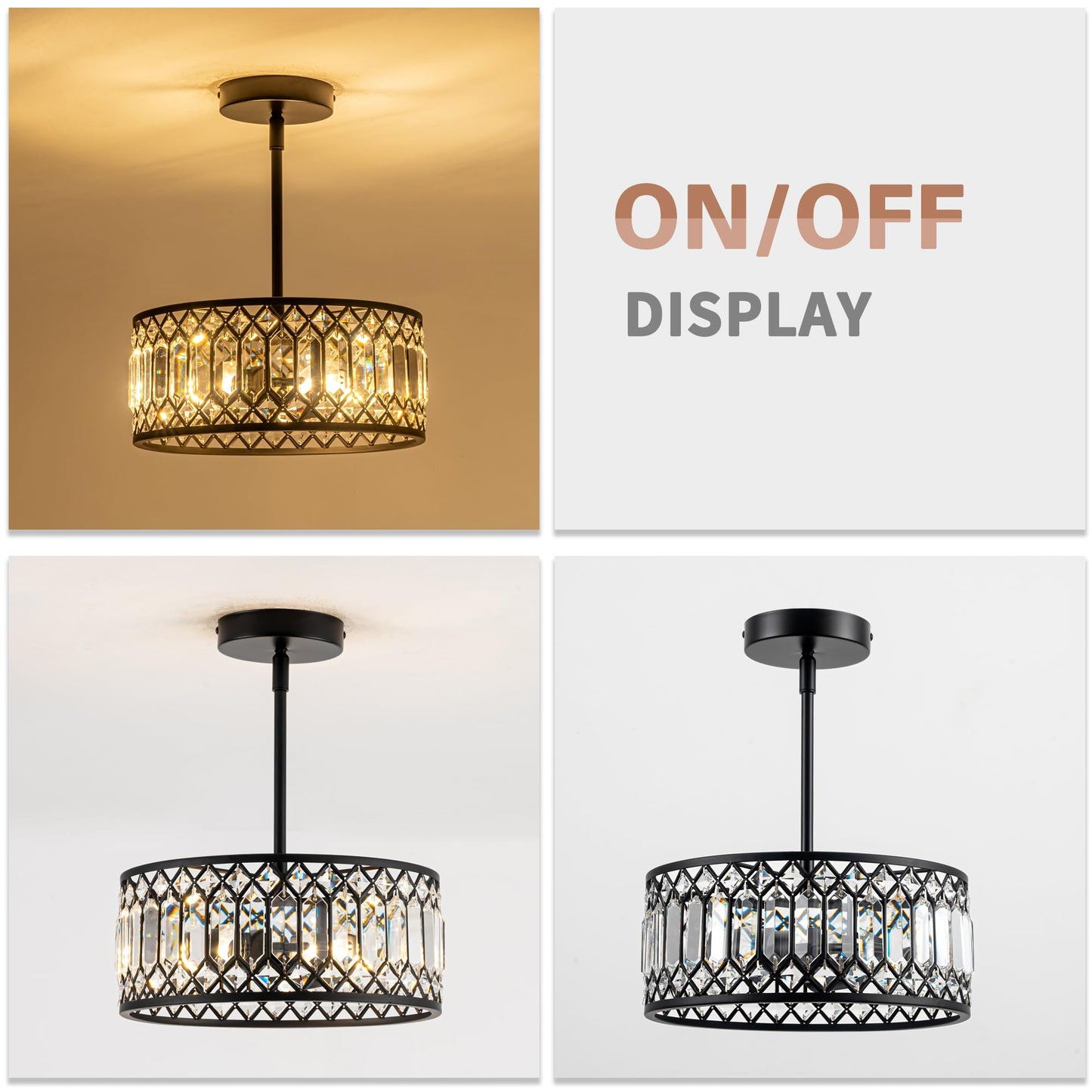 Rpzloila 2-Light Crystal Ceiling Light Fixture, Modern Semi Flush Mount Ceiling Light, Black Crystal Chandelier for Kitchen Bedroom Bathroom Entryway Hallway