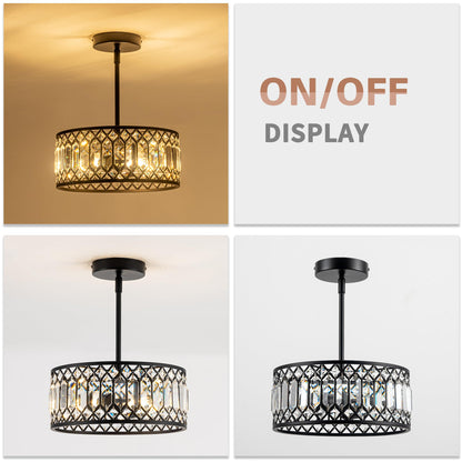 Rpzloila 2-Light Crystal Ceiling Light Fixture, Modern Semi Flush Mount Ceiling Light, Black Crystal Chandelier for Kitchen Bedroom Bathroom Entryway Hallway