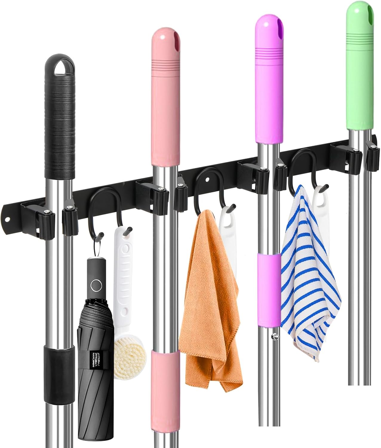 Skiennix Broom Holder Wall Mount - Stainless Steel Mop Hanger with 4 Slots & 6 Hooks | Black 1-Pack for Home Organization