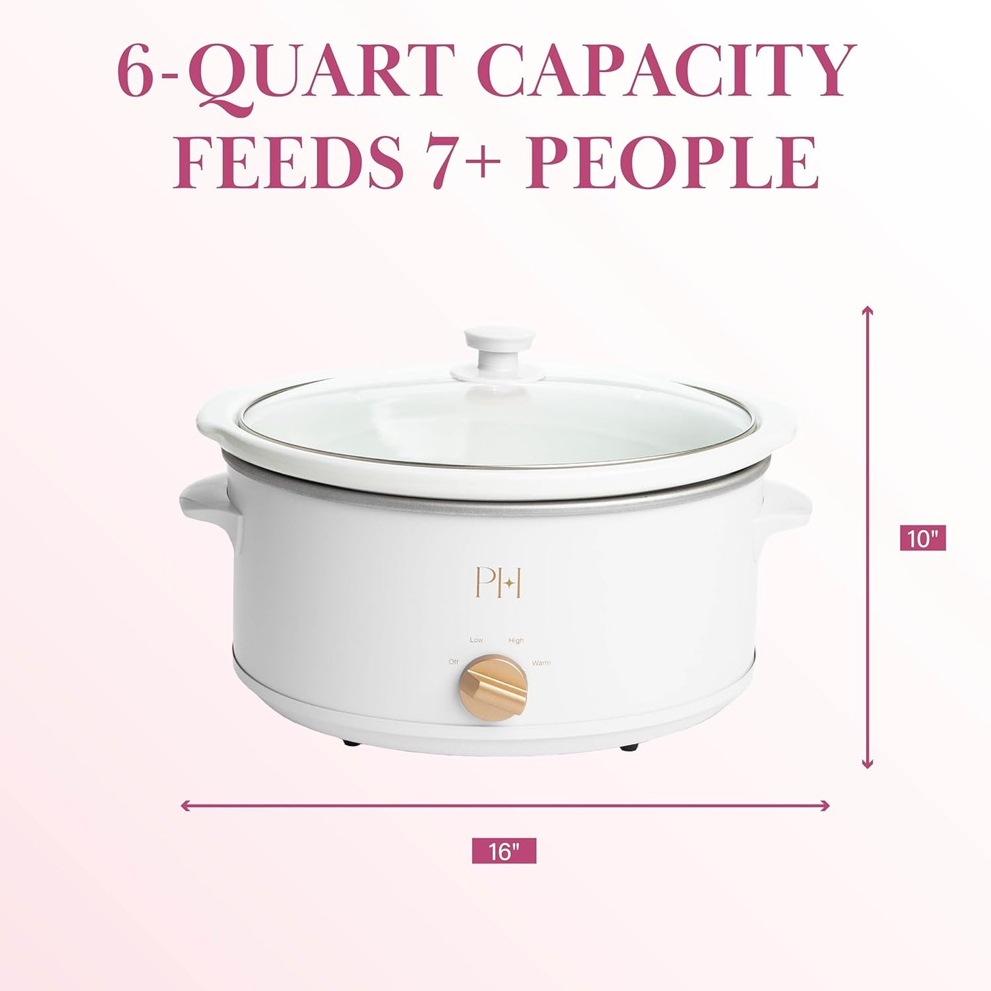 Paris Hilton 6-Quart Manual Slow Cooker - Three Settings, Nonstick Stoneware Insert, Family Size, White